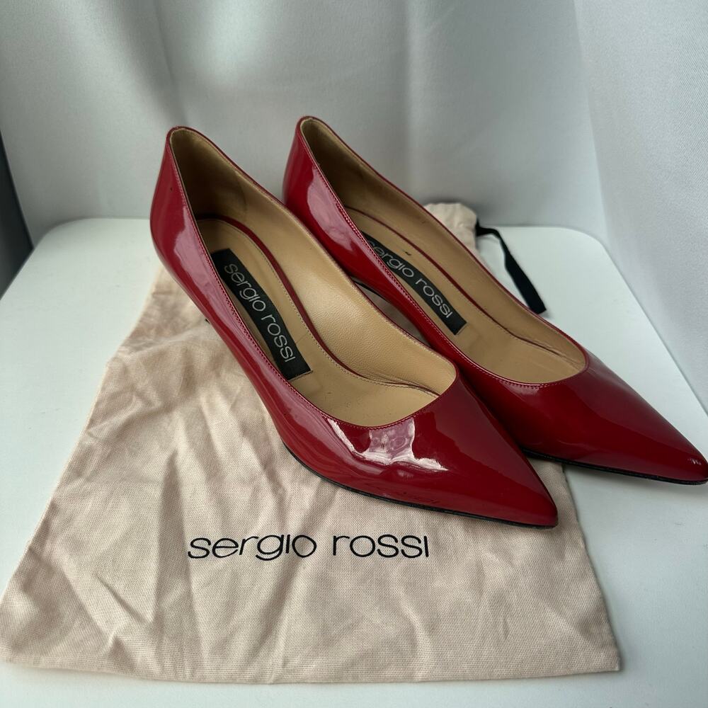 Sergio Rossi (IT37/US 7) Red Patent Leather Pointed Toe Kitten Heels- Designer